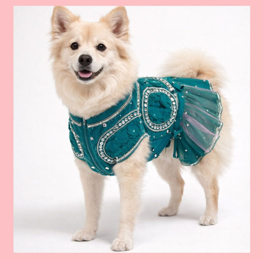 Dark Cyan Mirror Dog Lehenga – Premium Dog Wedding Dress