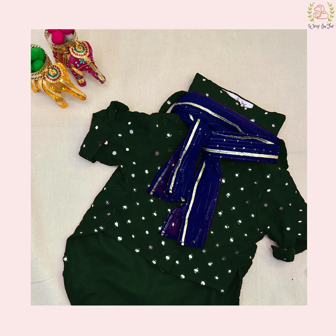 Dark Green Mirror Work Dog Kurta with Royal Blue Dupatta - Ethnic Wear