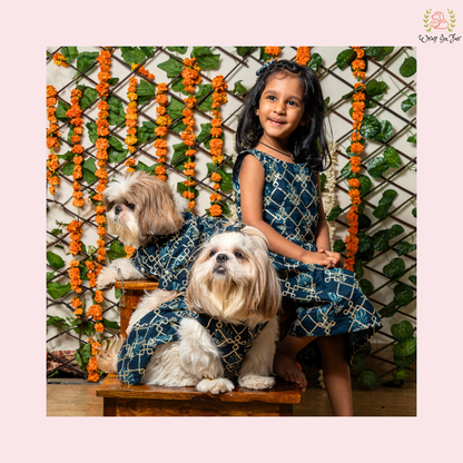 Blue Gota Twinning Set ( Dog Frock or Kurta along with Girl Frock )