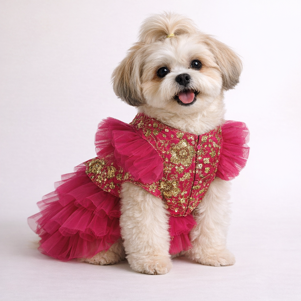 Hot Pink Ruffled Dog Lehenga Choli - Festive Wedding Outfit