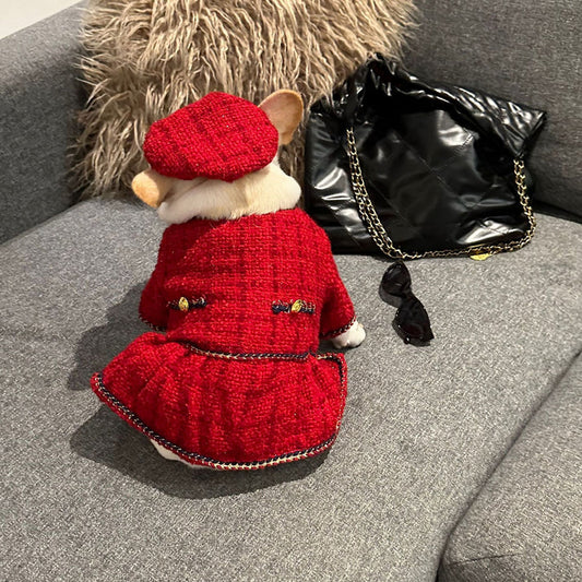 Elegant Red Beret Dog Dress – Premium Winter Tweed Outfit