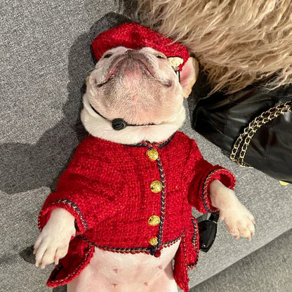Elegant Red Beret Dog Dress – Premium Winter Tweed Outfit