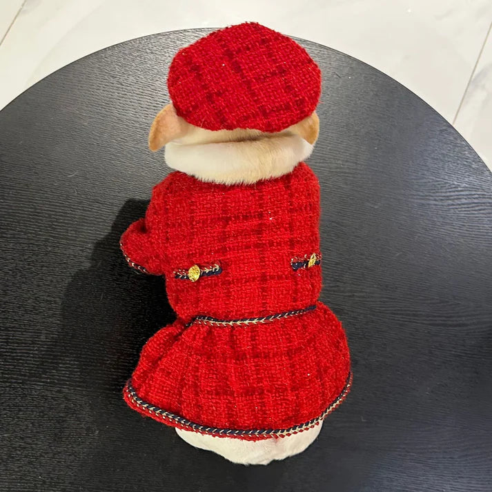 Elegant Red Beret Dog Dress – Premium Winter Tweed Outfit