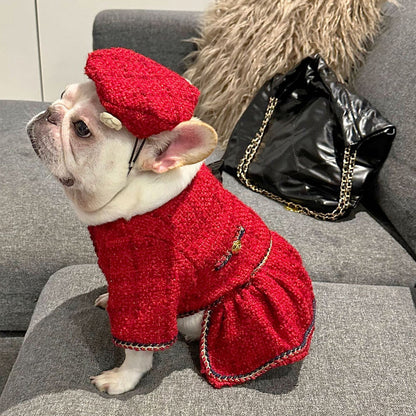 Elegant Red Beret Dog Dress – Premium Winter Tweed Outfit