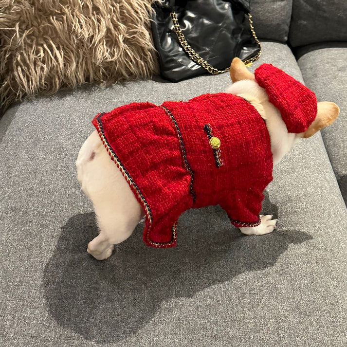 Elegant Red Beret Dog Dress – Premium Winter Tweed Outfit