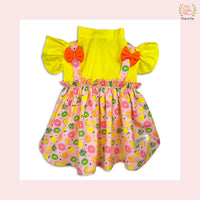 Fruity Print Summer Dog Princess Dress - Yellow Cold Shoulder Frock