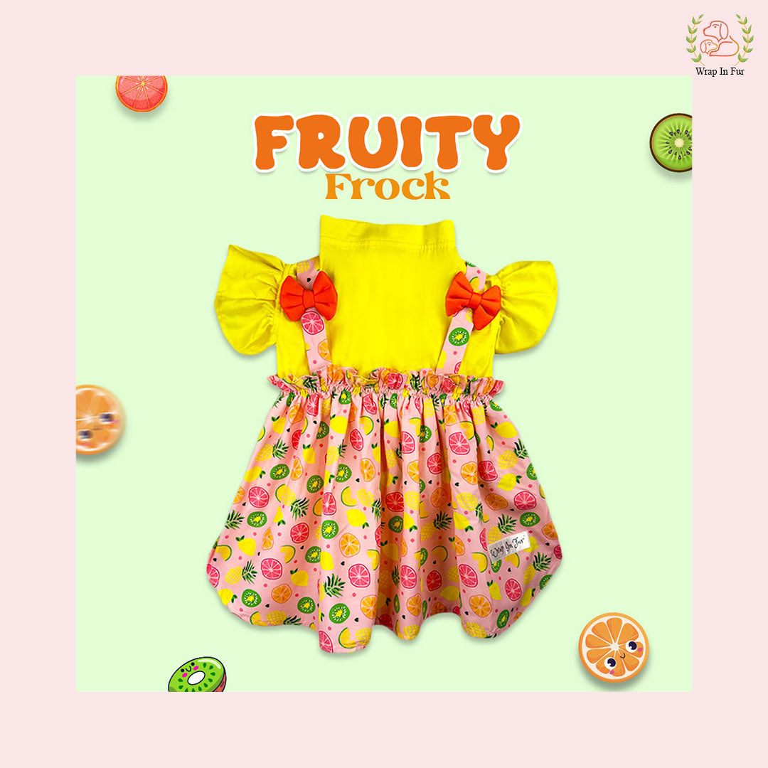 Fruity Print Summer Dog Princess Dress - Yellow Cold Shoulder Frock