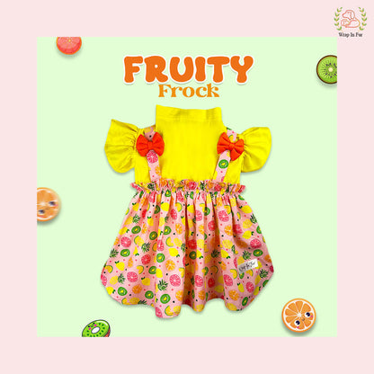 Fruity Print Summer Dog Princess Dress - Yellow Cold Shoulder Frock