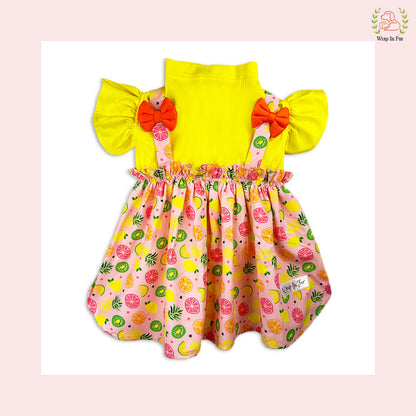 Fruity Print Summer Dog Princess Dress - Yellow Cold Shoulder Frock