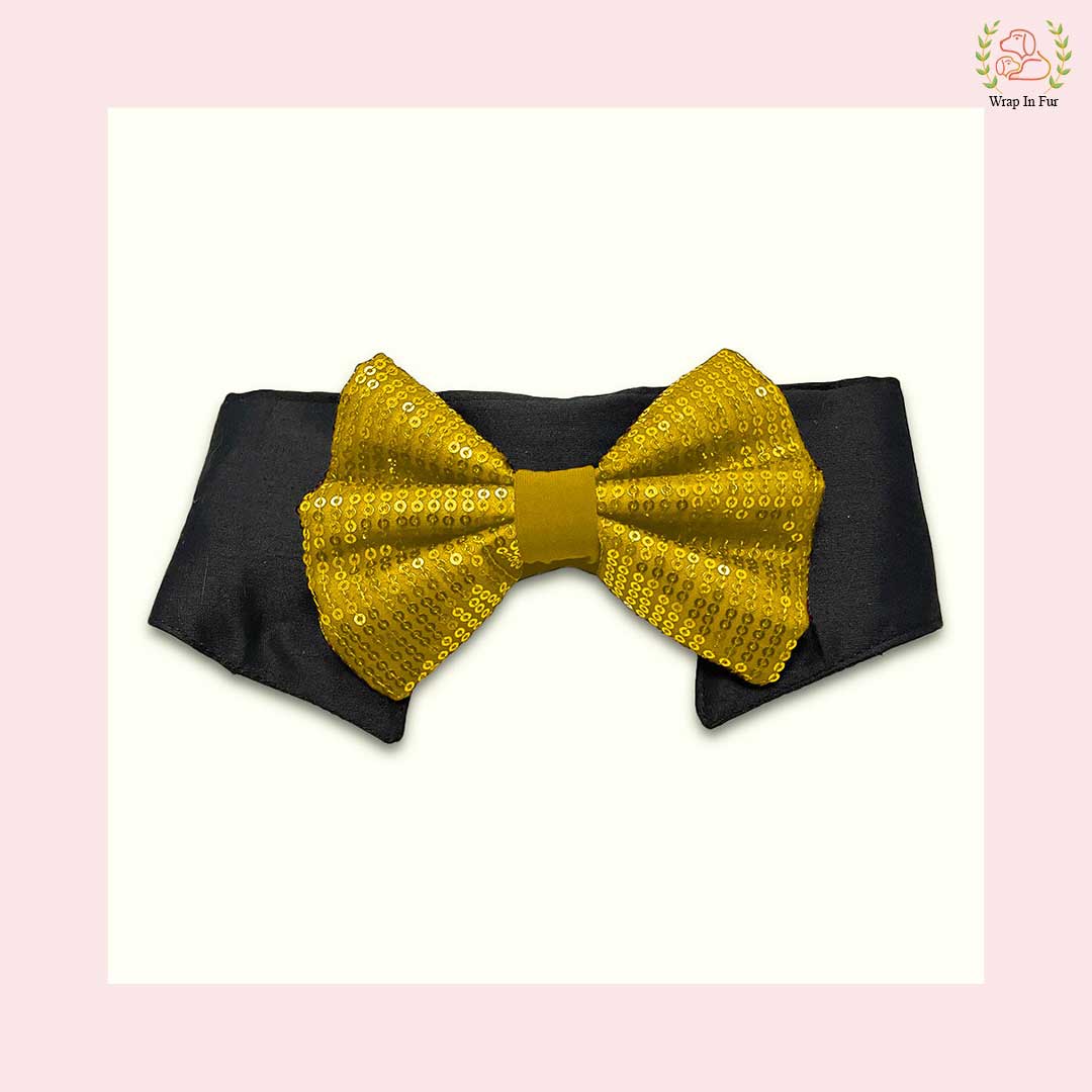 Gold Yellow Sequin Dog Bow & Collar Set - Luxury Holiday Pet Accessory