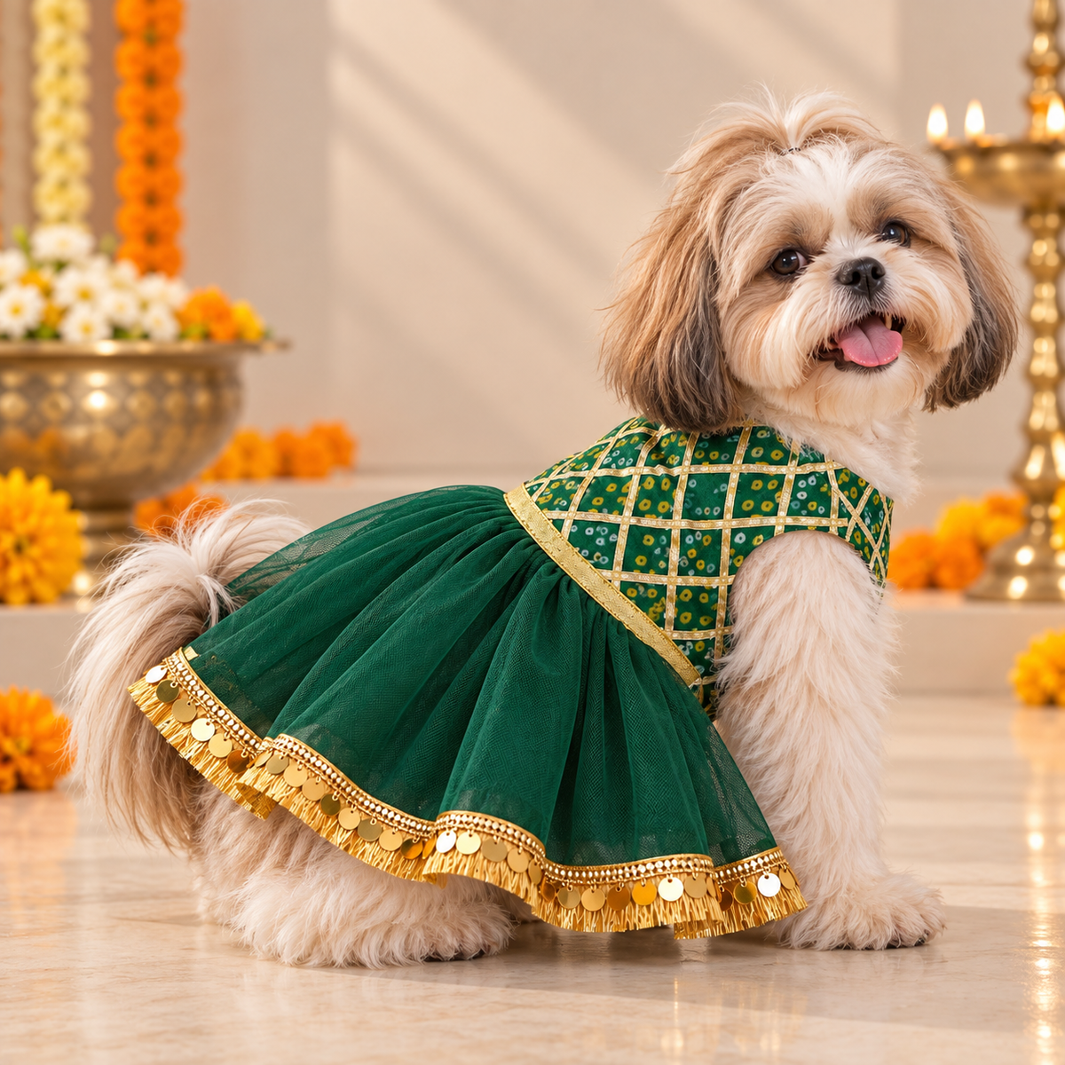 Green Bandhani Gota Dog Frock