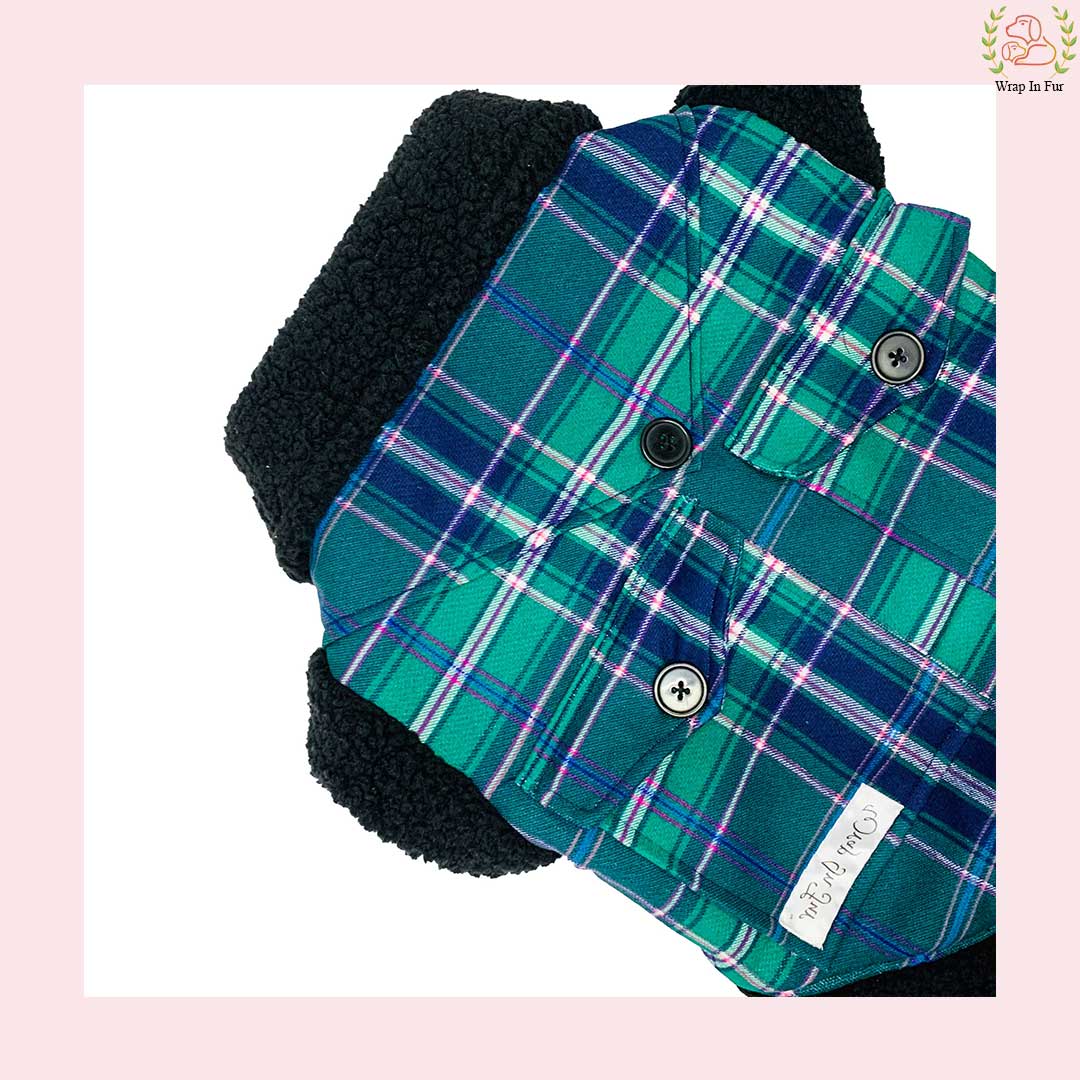 Green Blue Check Dog Jacket – Warm & Stylish Winter Wear