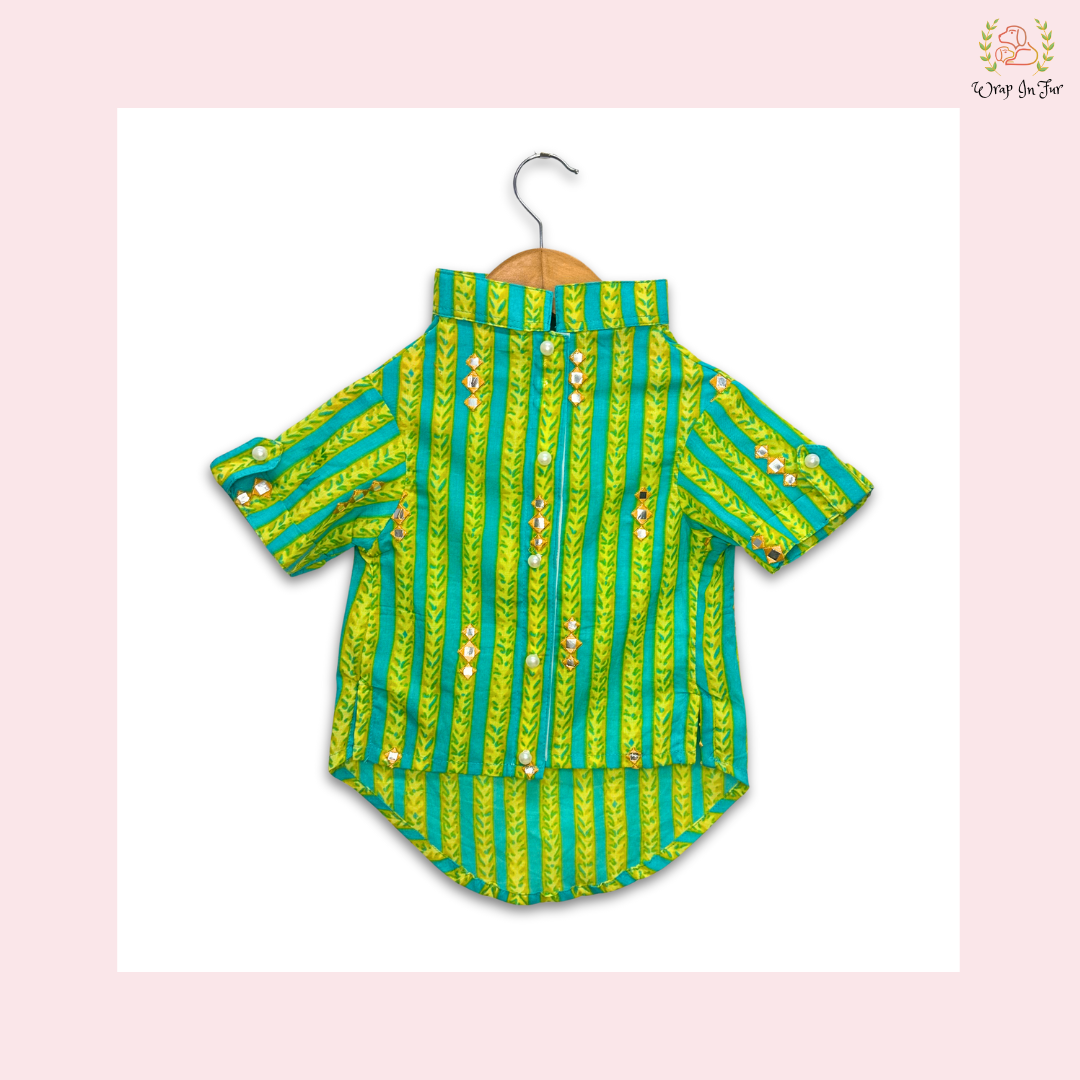 Green Blue Mirror-Work Dog Kurta - Premium Indian Dog Ethnic Wear Dress