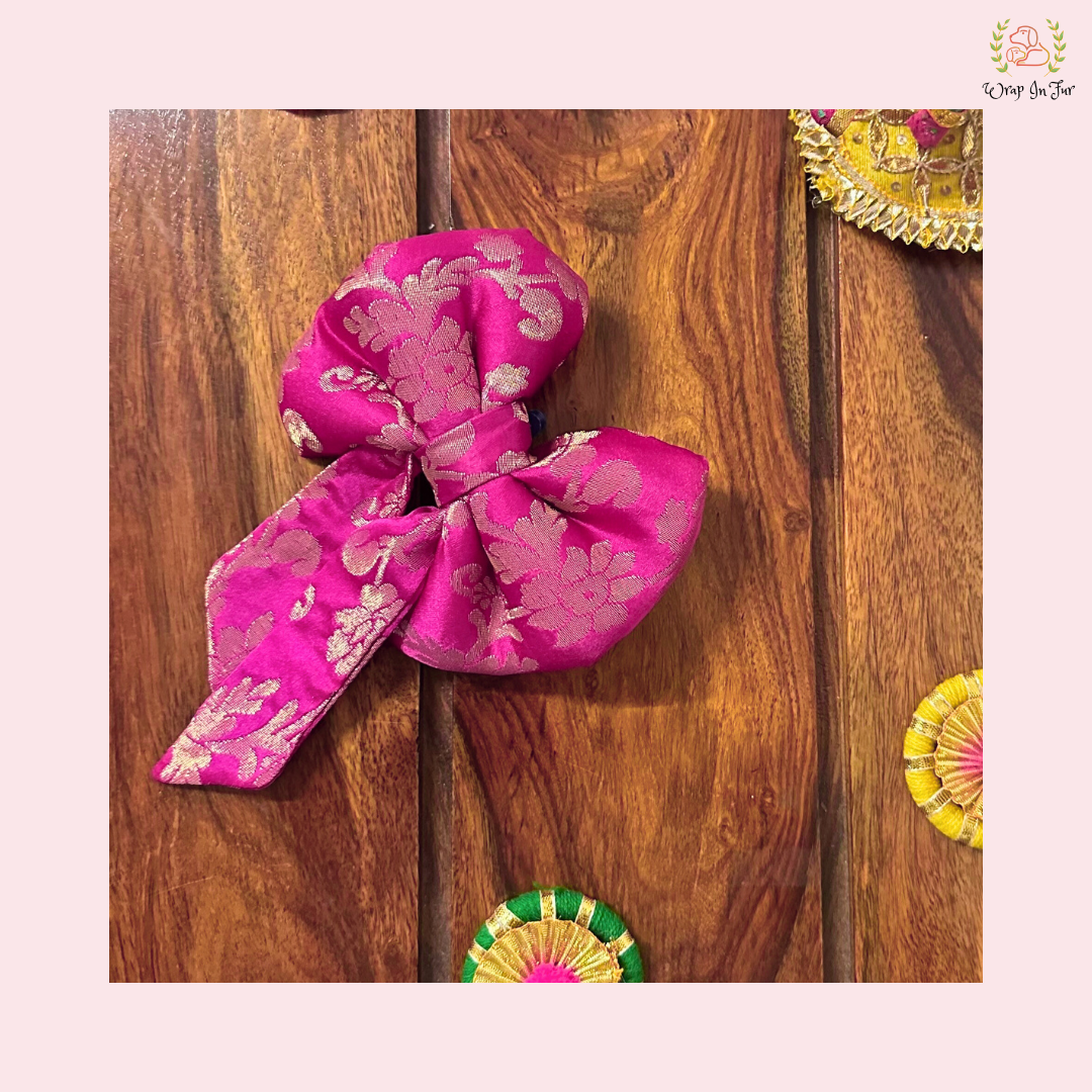 Gulaab Pink Silk Dog Bow - Traditional Gold Brocade Holiday Pet Hair Bow