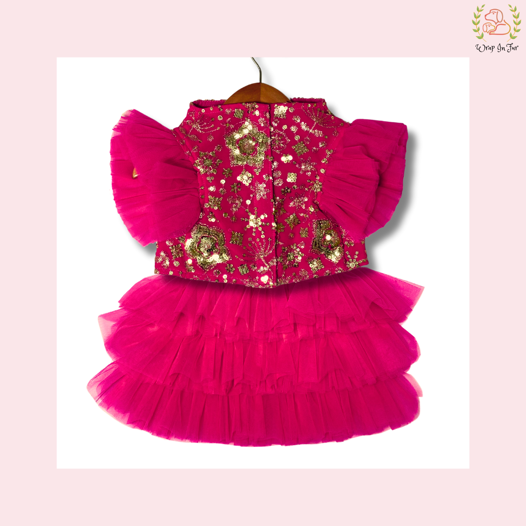 Hot Pink Ruffled Dog Lehenga Choli - Festive Wedding Outfit