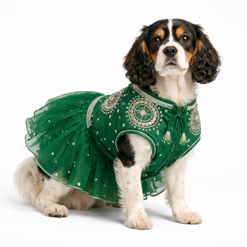 Emerald Mirror Work Dog Lehenga