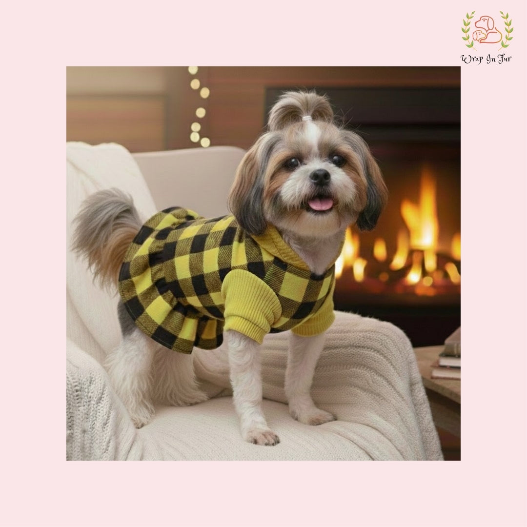 Lemon Yellow Plaid Dog Winter Frock – Cozy Warm Dog Clothes