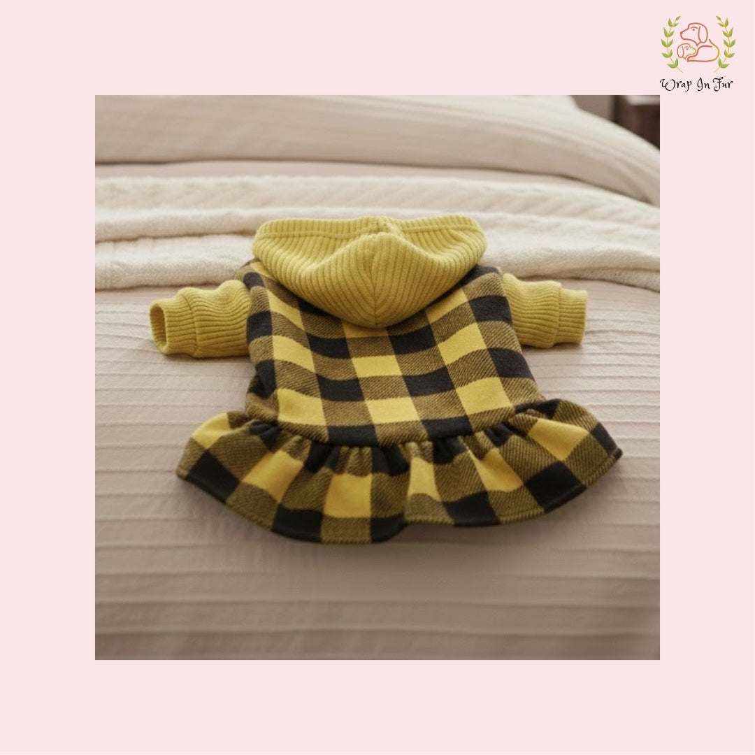 Lemon Yellow Plaid Dog Winter Frock – Cozy Warm Dog Clothes