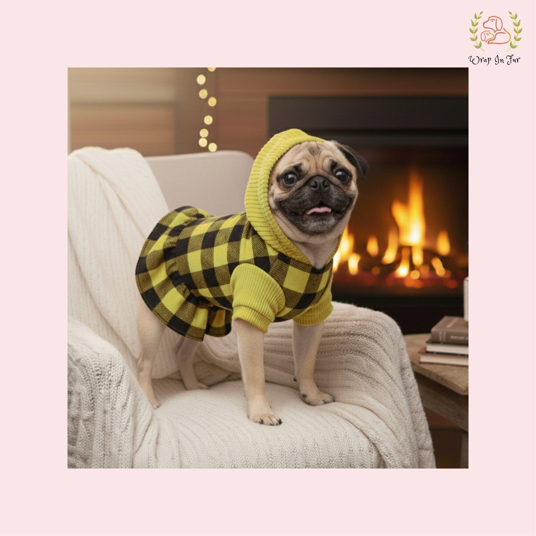 Lemon Yellow Plaid Dog Winter Frock – Cozy Warm Dog Clothes