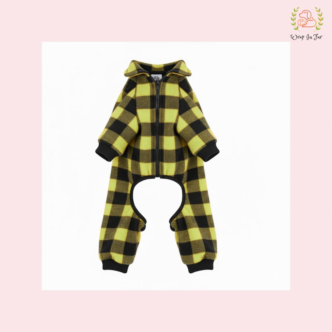 Lemon Yellow Plaid Dog Winter Jumpsuit – Cozy Warm Dog Clothes
