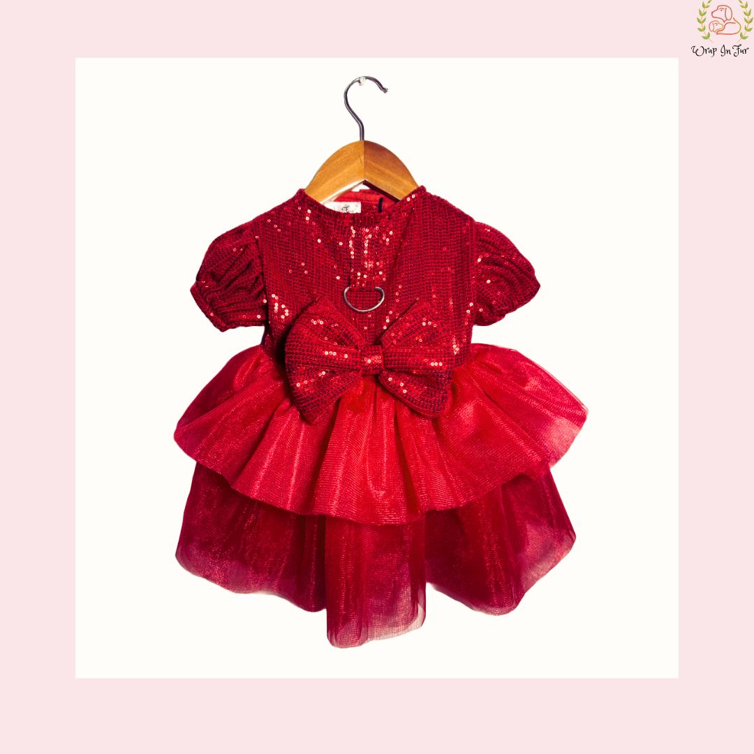 Luxury Red Tulle Dog Dress - Big Sequin Bow Wedding Outfit