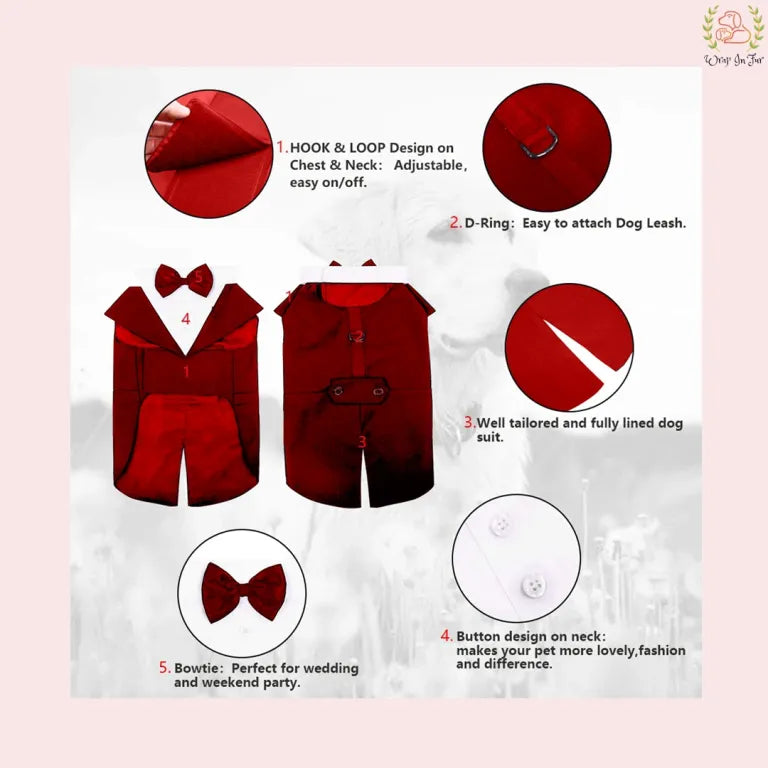 Luxury Red Velvet Dog Tuxedo Suit - Formal Wedding Cape