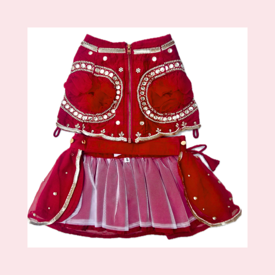 Maroon Mirror Work Dog Lehenga – Luxury Dog Wedding Dress 