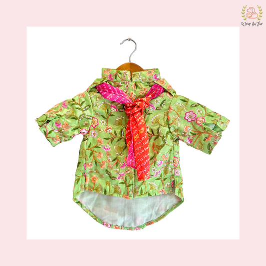 Mint Green Floral Dog Kurta Dress with Dupatta - Indian Dog Ethnic Wear