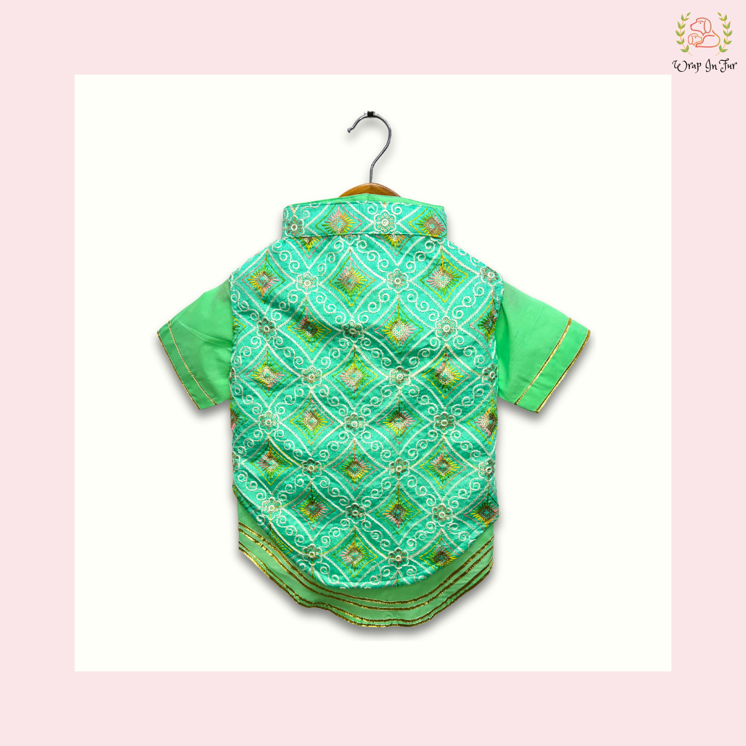 Mint Green Resham Gota Dog Kurta Jacket Set - Indian Dog Ethnic Wear Dress