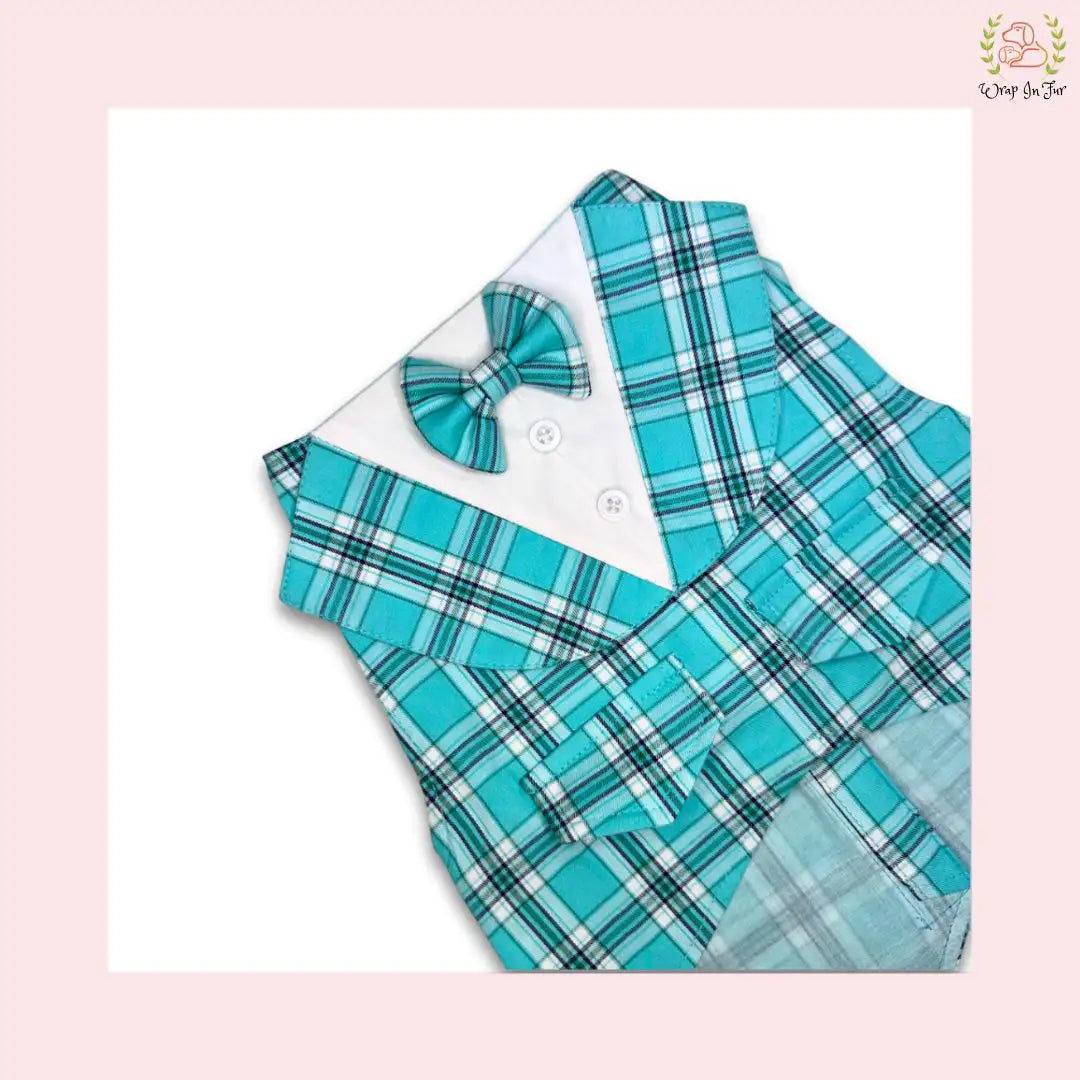 Modern Sky Blue Plaid Dog Tuxedo Vest - Formal Wedding Suit