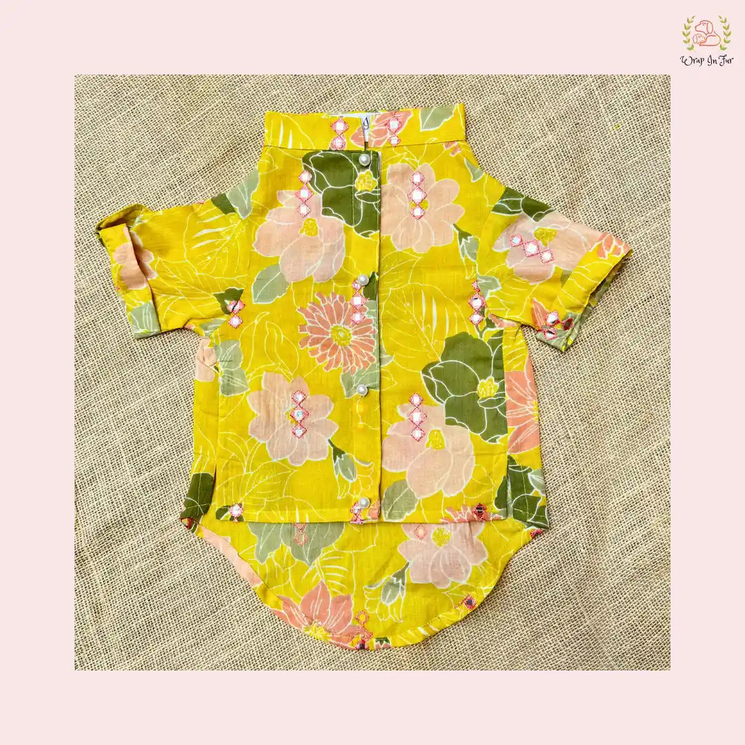 Mustard Floral Dog Kurta Shirt - Designer Indian Dog Ethnic Wear
