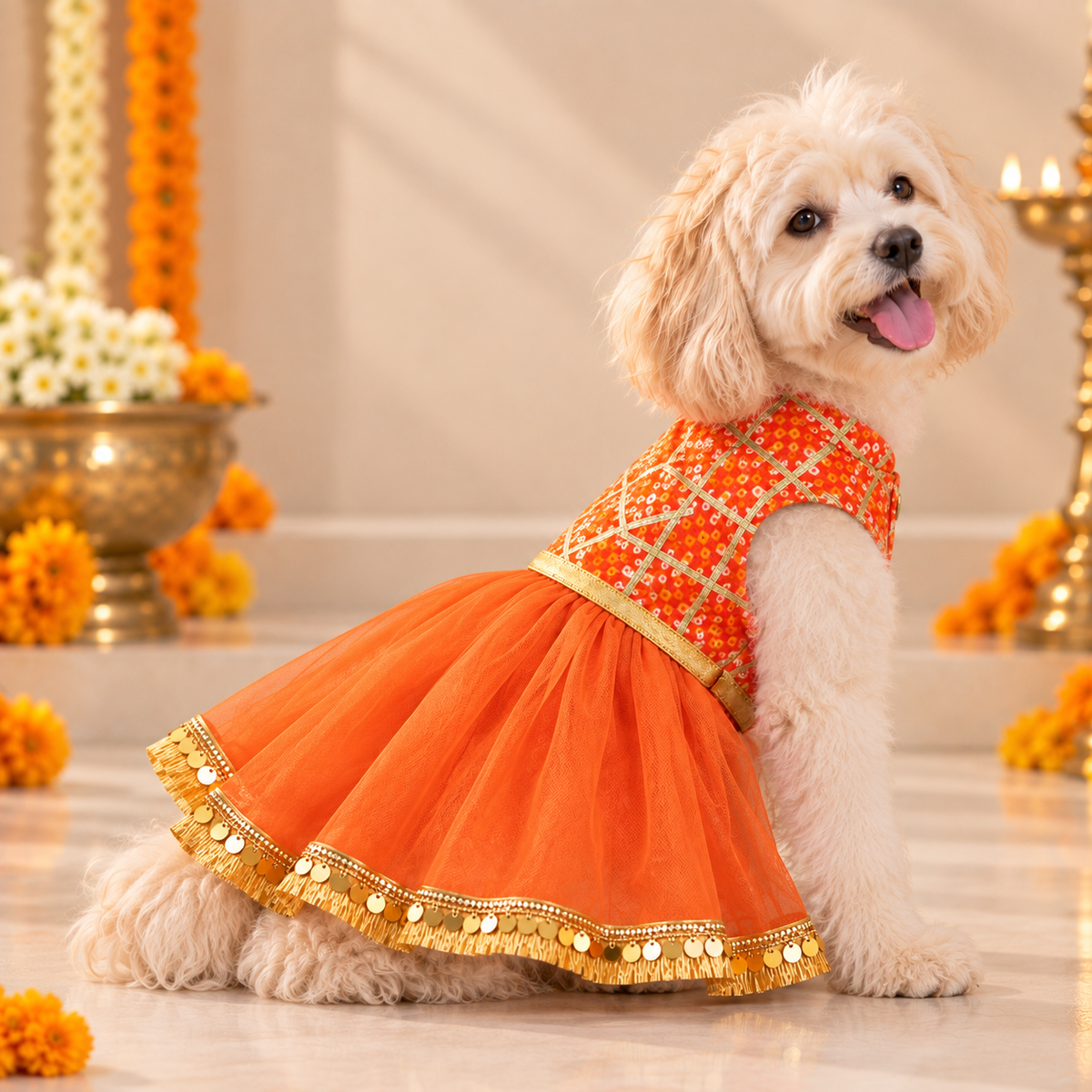 Orange Bandhani Gota Dog Frock