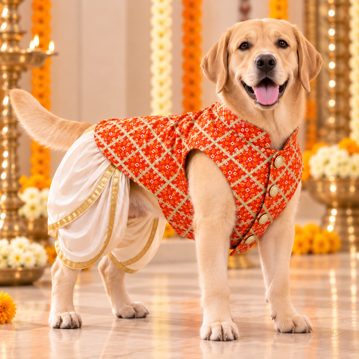 Orange Bandhani Dog Sherwani