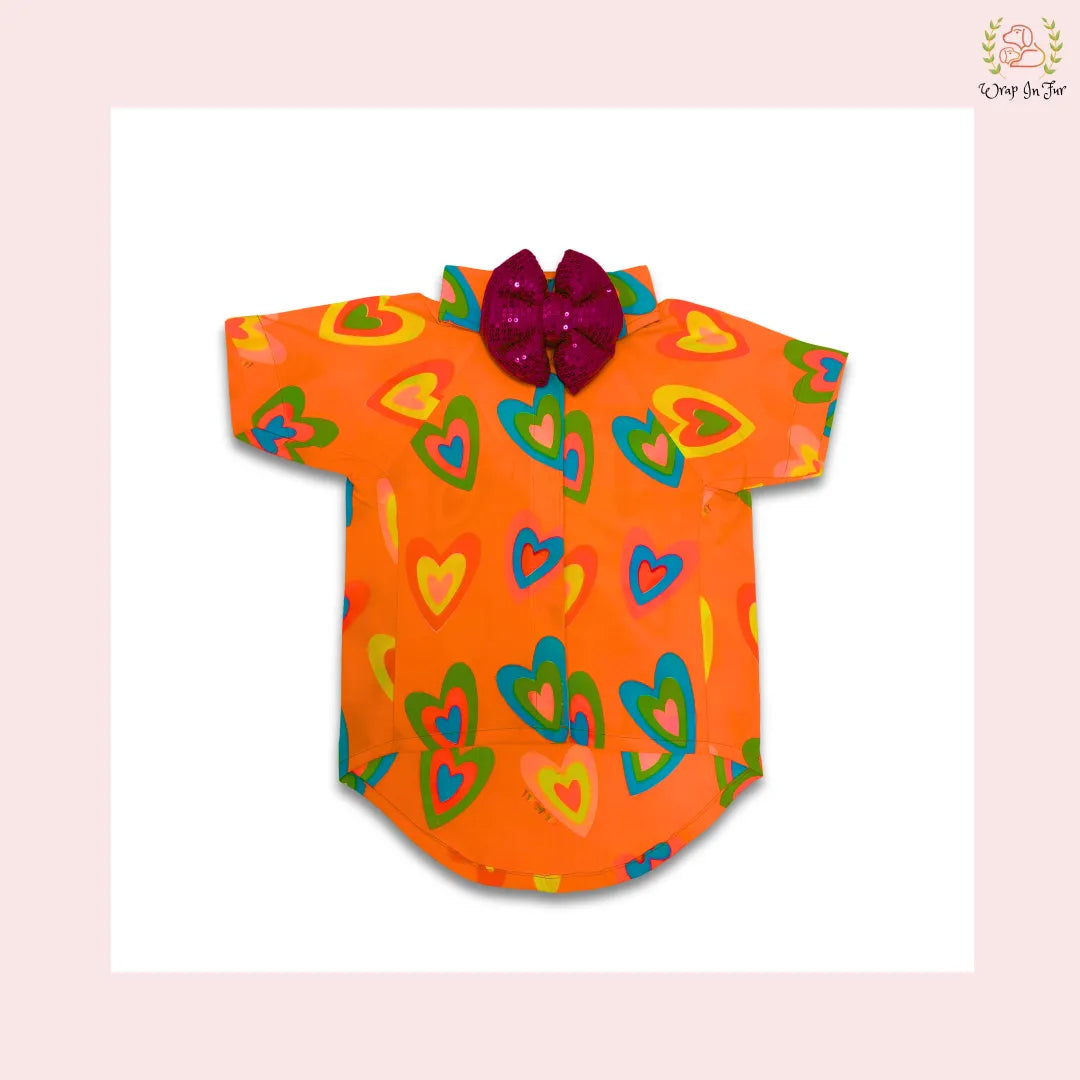 orange neon dog shirt with sequence bow