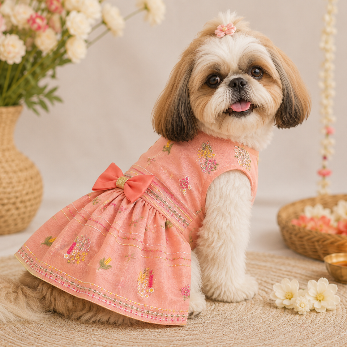 Peach Embroidered Dog Frock