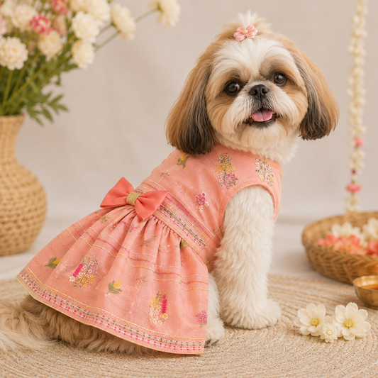 Peach Embroidered Dog Frock