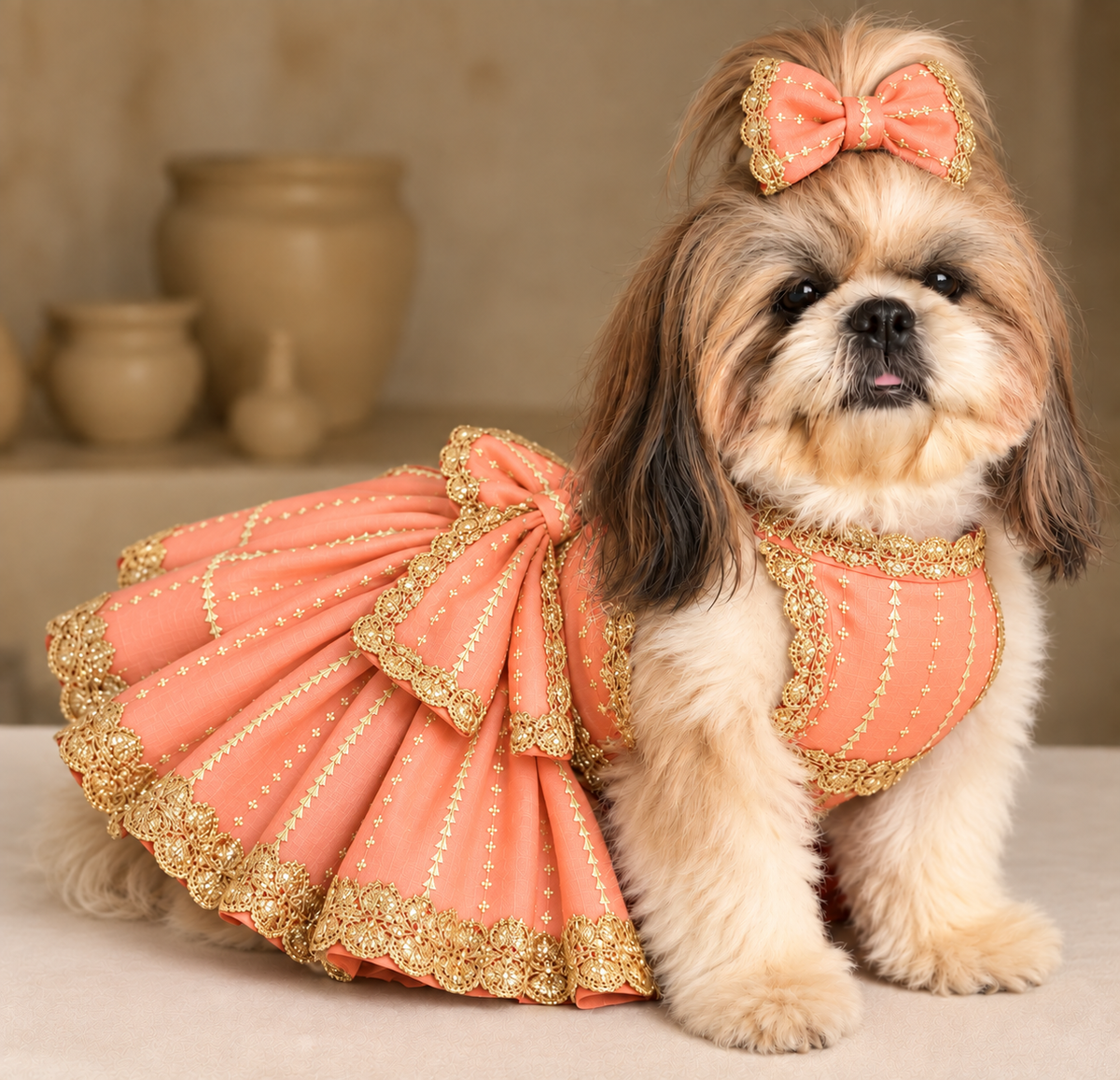 Peach Zari Chaniya Choli For Dogs