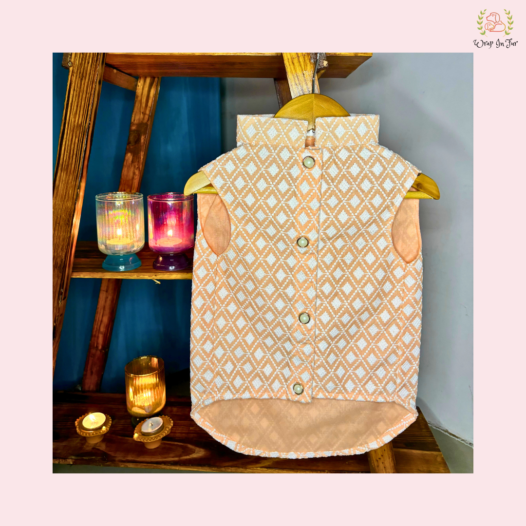 Peach Diamond Weave Nawab Dog Kurta - Traditional Indian Dog Ethnic Wear Dress