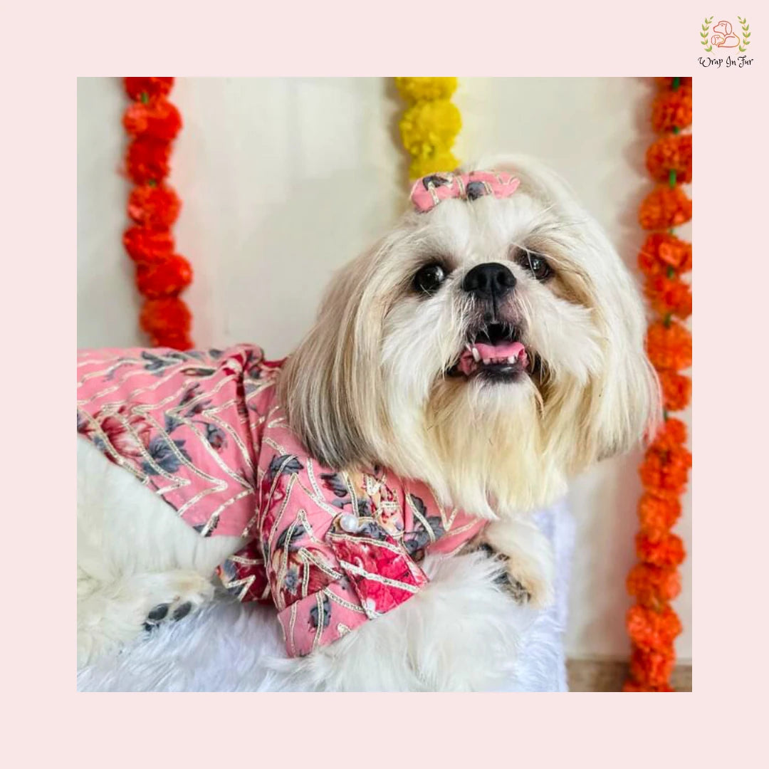 Pink Floral Dog Kurta Shirt - Traditional Indian Dog Ethnic Wear