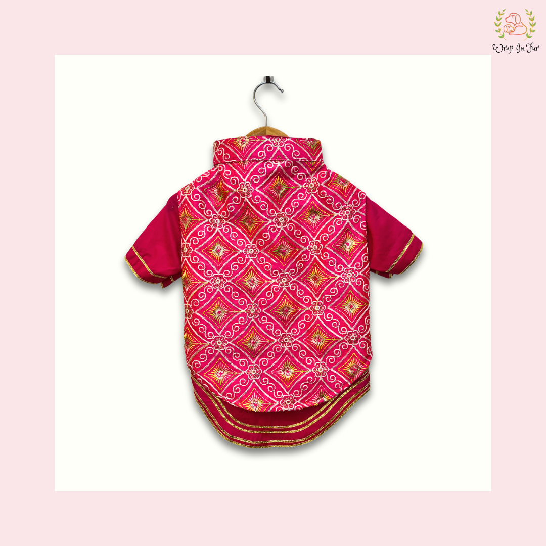 Pink Resham Gota Dog Kurta Jacket Set - Indian Dog Ethnic Wear Dress