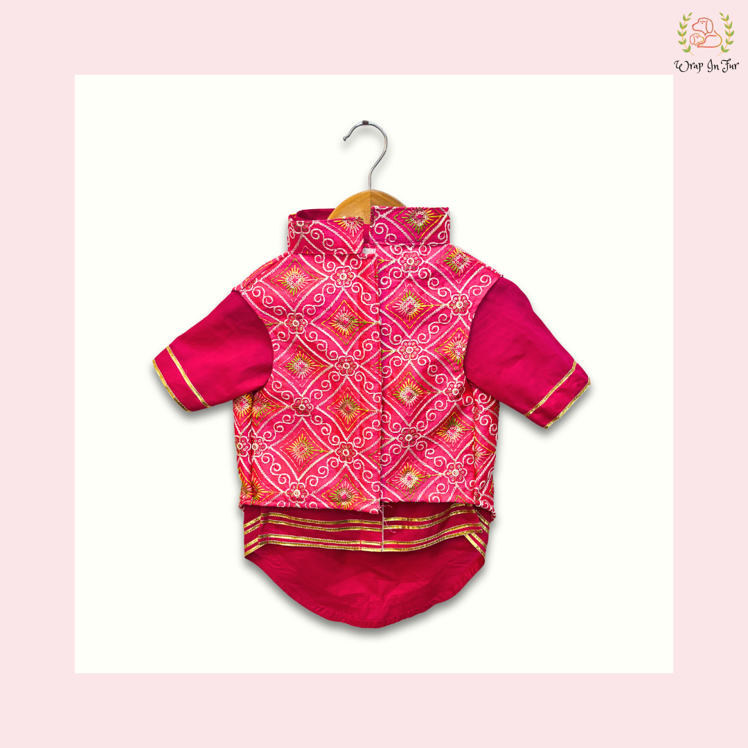 Pink Resham Gota Dog Kurta Jacket Set - Indian Dog Ethnic Wear Dress
