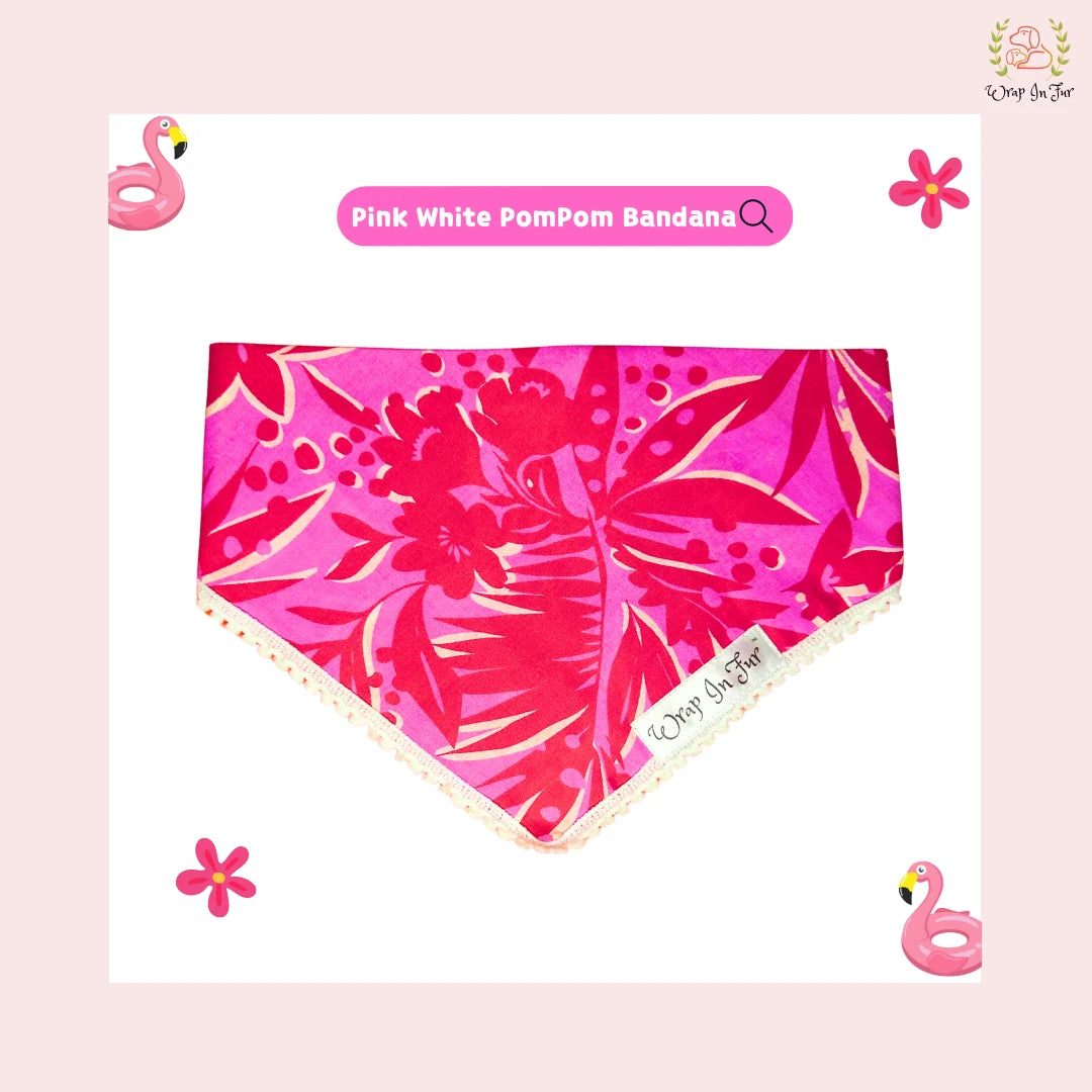 pink white pompom dog bandana