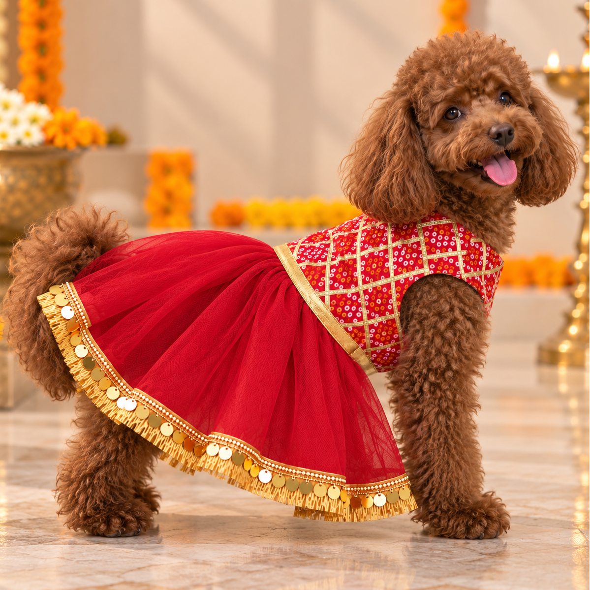 Red Bandhani Gota Dog Dress