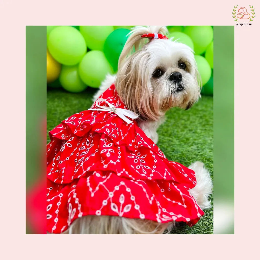 Party red embroidery dog frock for shihtzu