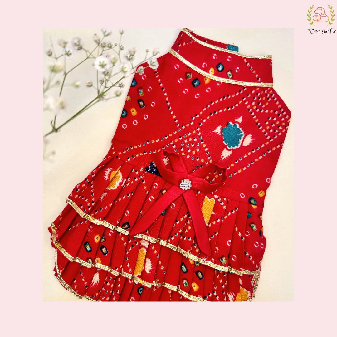 Red Bandhani Dog Princess Dress | Premium Dog Wedding Outfit