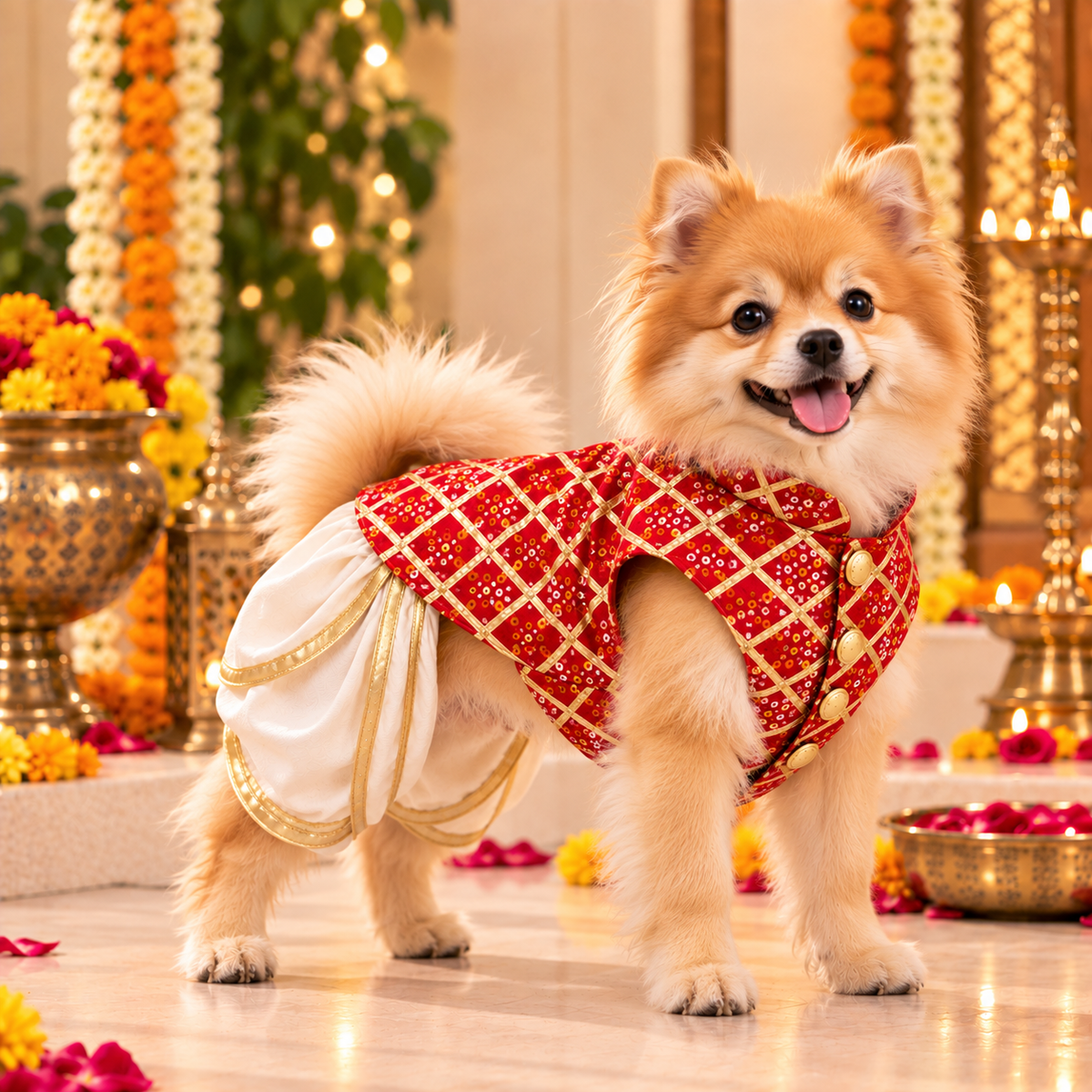 Red Bandhani Dog Sherwani