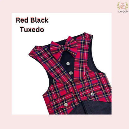 Red & Black Plaid Dog Tuxedo Vest - Festive Formal Waistcoat