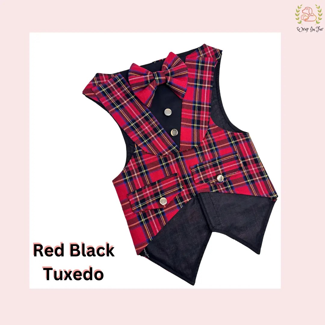 Red & Black Plaid Dog Tuxedo Vest - Festive Formal Waistcoat