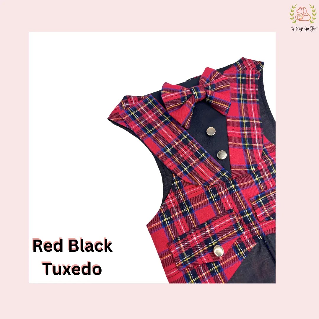 Red & Black Plaid Dog Tuxedo Vest - Festive Formal Waistcoat