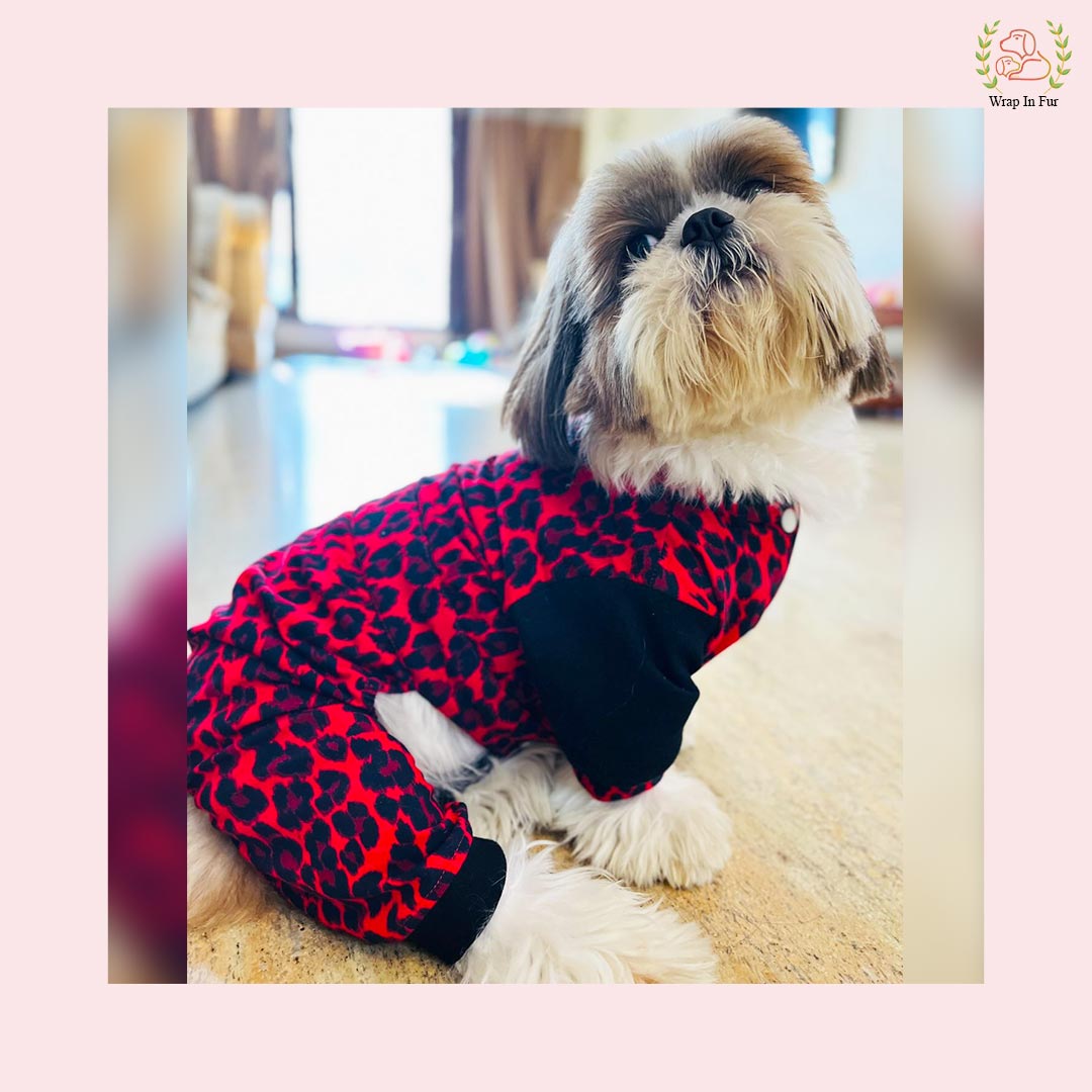  Red Leopard Print Dog Jumpsuit – Cozy, Trendy & Full-Body Winter Wear